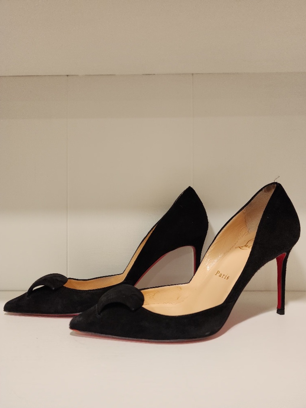 Christian Louboutin Philaer 85 in Black Suede with Ruffle Detail